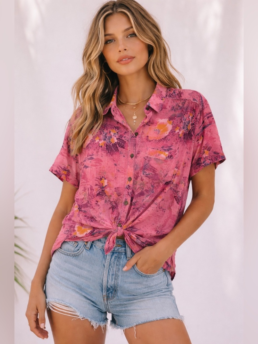 Free People We The Free Pink Floral Button Front Top Small Boho Tie Front